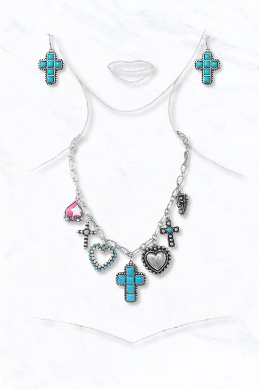 Western Cross & Heart Charm Necklace Earring Set