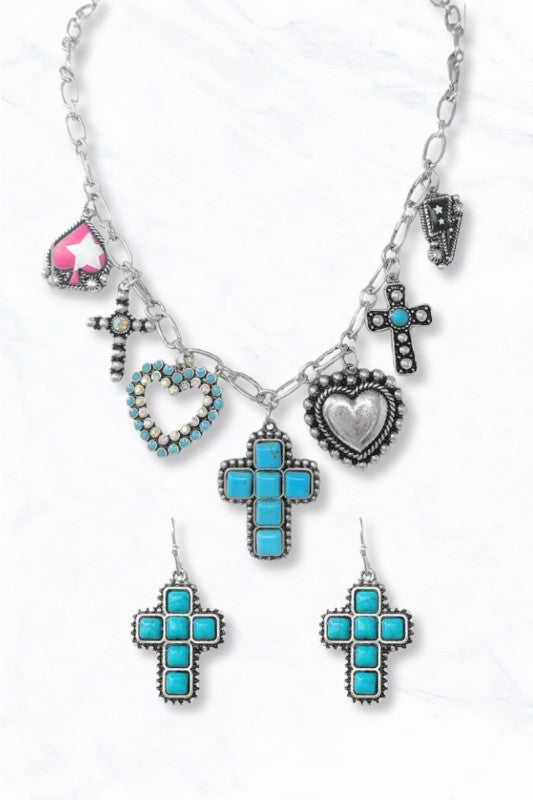 Western Cross & Heart Charm Necklace Earring Set