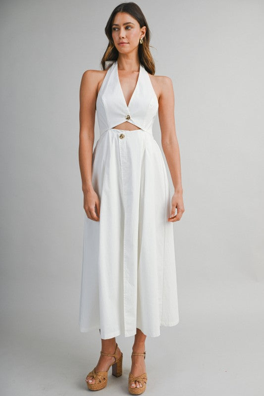 Midi Dress Button Front Halter Neck