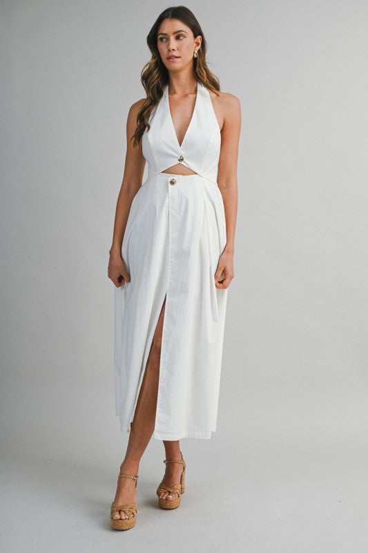 Midi Dress Button Front Halter Neck