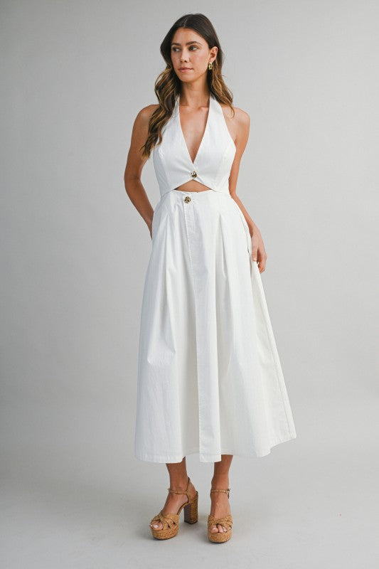 Midi Dress Button Front Halter Neck