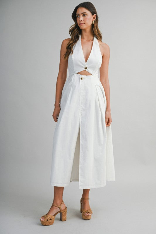 Midi Dress Button Front Halter Neck