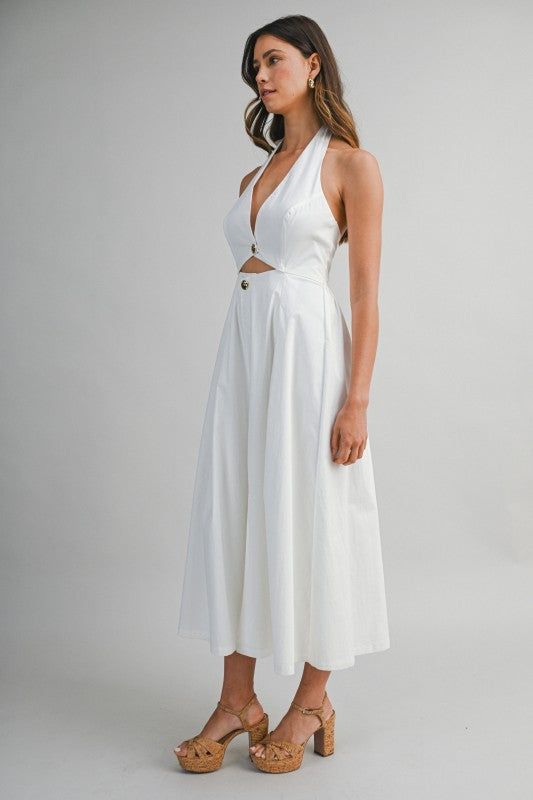Midi Dress Button Front Halter Neck