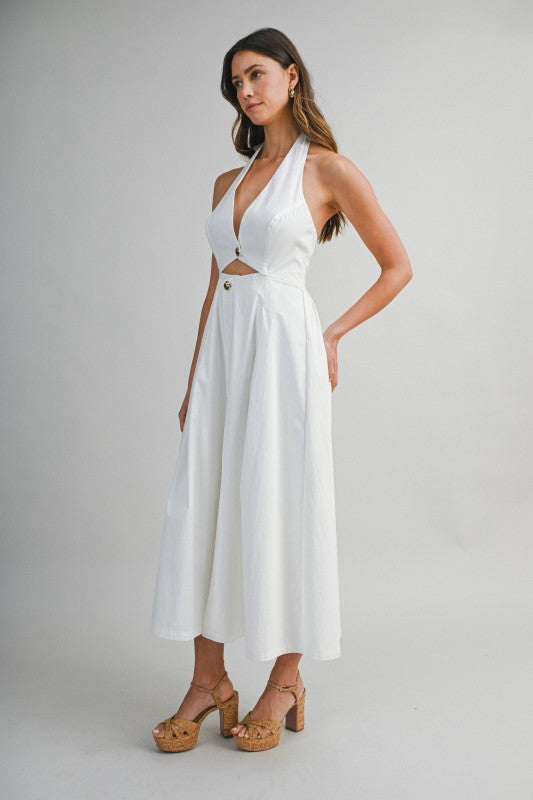 Midi Dress Button Front Halter Neck