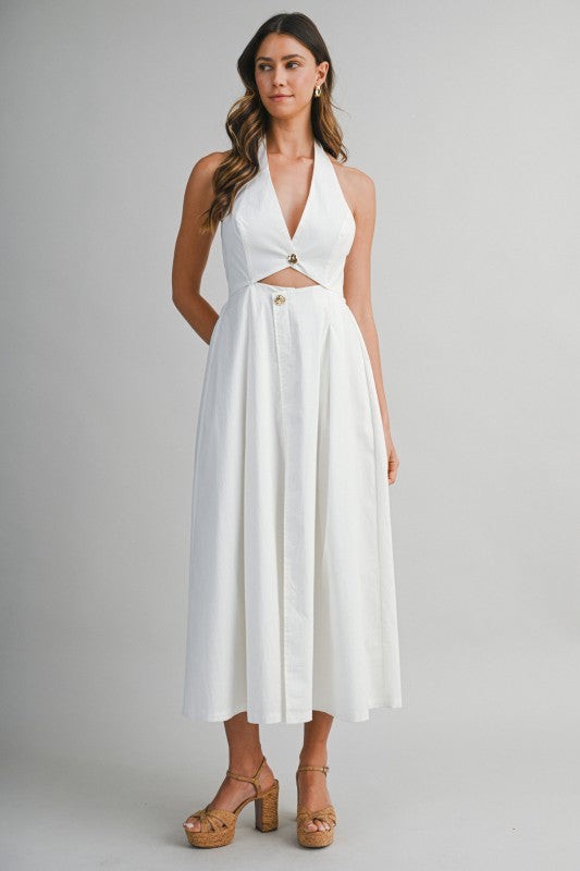 Midi Dress Button Front Halter Neck