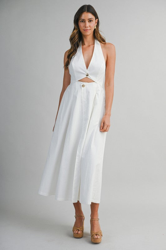 Midi Dress Button Front Halter Neck