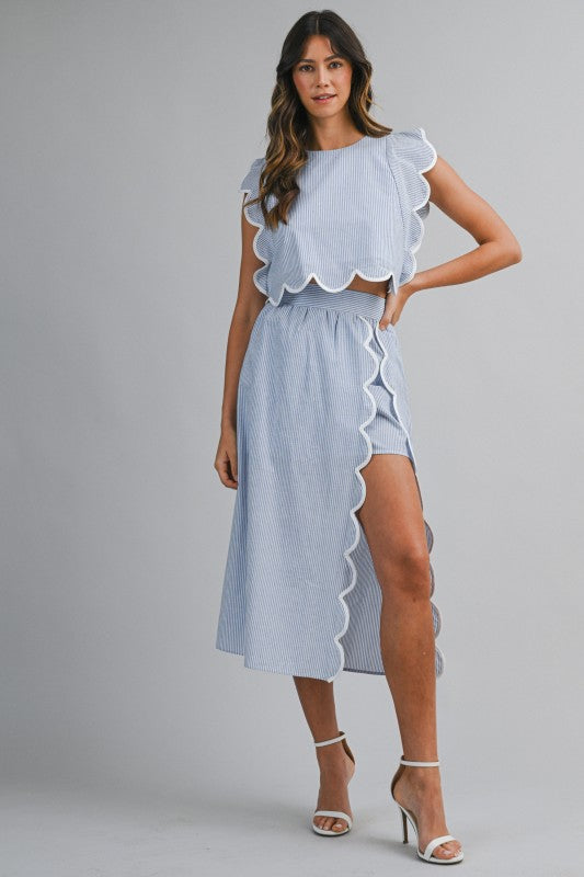 Pinstripe Sleeveless Scallop Trim Crop Top And Skirt Set