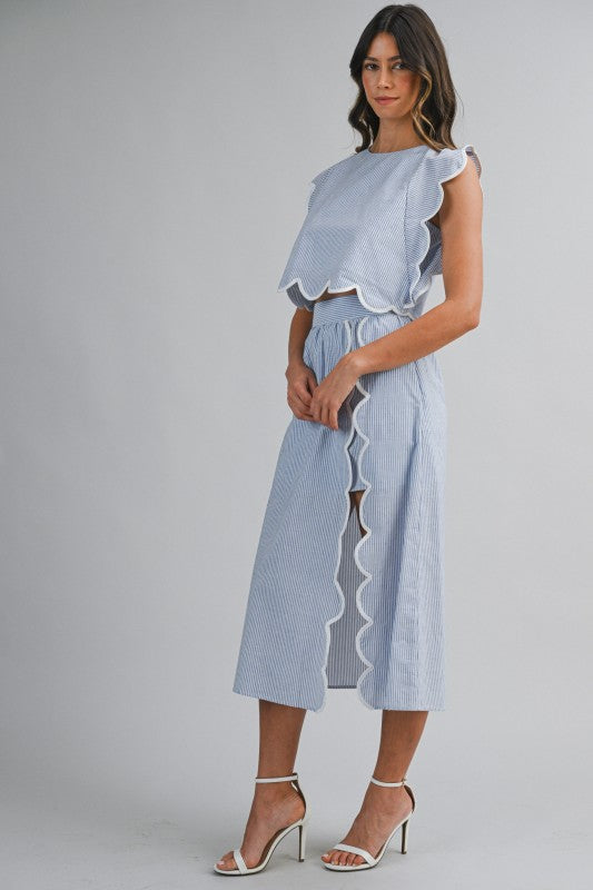Pinstripe Sleeveless Scallop Trim Crop Top And Skirt Set