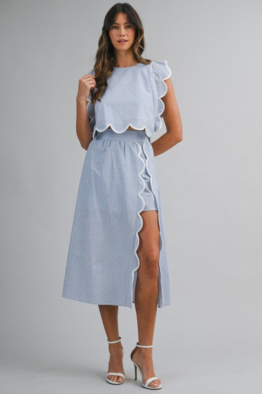 Pinstripe Sleeveless Scallop Trim Crop Top And Skirt Set
