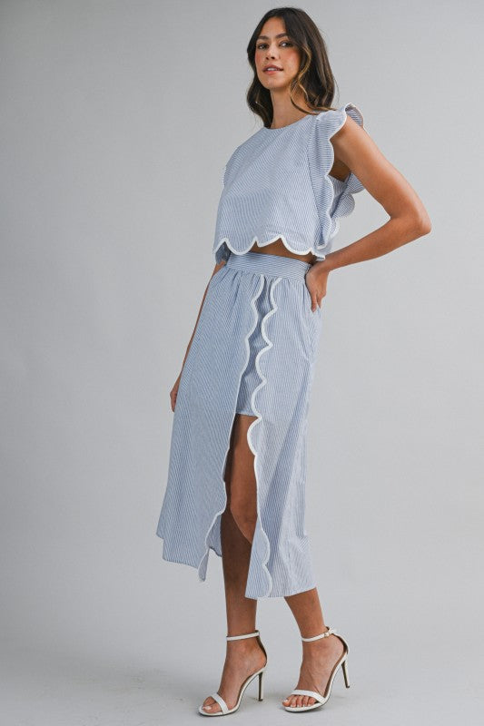 Pinstripe Sleeveless Scallop Trim Crop Top And Skirt Set