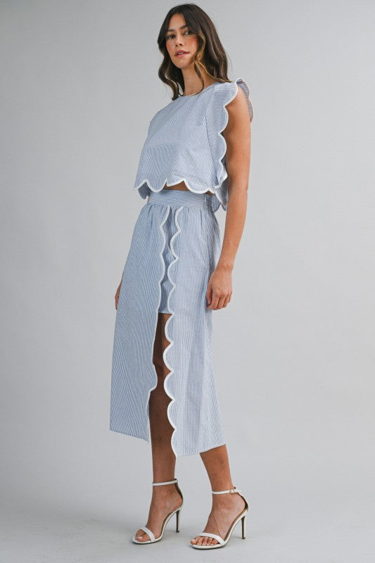 Pinstripe Sleeveless Scallop Trim Crop Top And Skirt Set