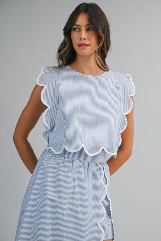 Pinstripe Sleeveless Scallop Trim Crop Top And Skirt Set