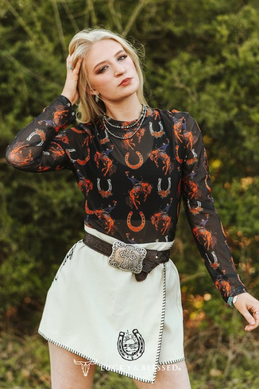 Midnight Rodeo Horse Shoe Mesh Top